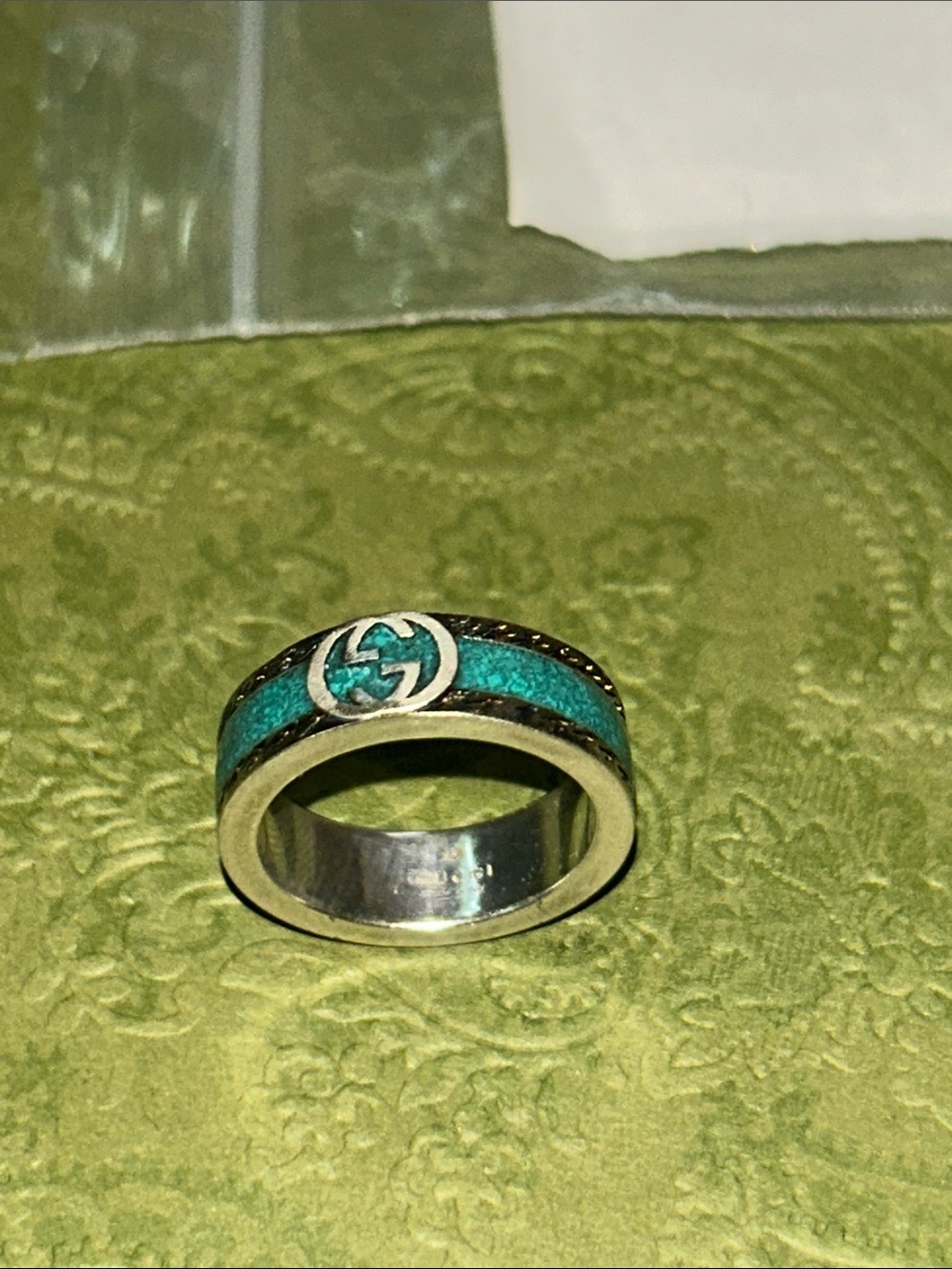 Gucci GG Sterling Silver Enamel Ring AG 925 Green Turquoise 645573 - Picture 10 of 16
